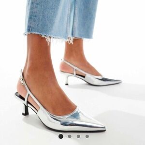 ASOS DESIGN Strut slingback kitten heeled shoes in silver